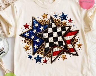 Patriotic Stars PNG, American Flag Stars png, Leopard Checkered Stars, 4th of July PNG, USA Sublimation Design, Red White Blue