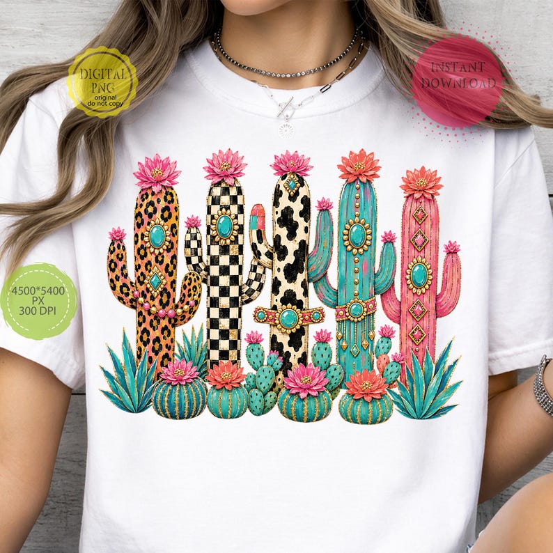 Western desert sublimation design with colorful boho cactus artwork