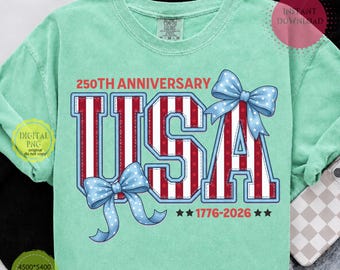 USA 250th Anniversary PNG File, Patriotic Bow Shirt Design, America 1776 2026 Sublimation, Coquette Preppy 4th July Instant Download