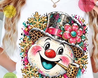 Christmas Snowman PNG, Leopard Snowman Face PNG, Colorful Vintage Christmas Sublimation, Preppy Winter Holiday Digital Download