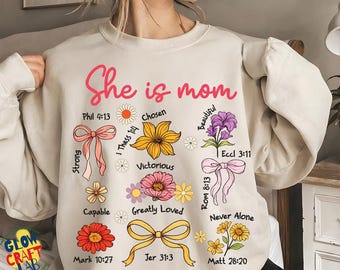 She Is Mom PNG, Christian Floral Mom Design, Bible Verse Mother’s Day Gift, Preppy Mama Sublimation, Inspirational Mom Digital Download
