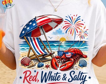 Diseño patriótico de playa en PNG con temática roja, blanca y salada, gráfico para camiseta de verano del 4 de julio, descarga digital por sublimación para vacaciones en la costa de EE. UU.