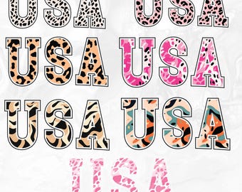 Wzór z panterką w USA w formacie PNG, eleganckie, patriotyczne litery z USA, retro wzór sublimacji z okazji 4 lipca, cyfrowe pobieranie Coquette USA