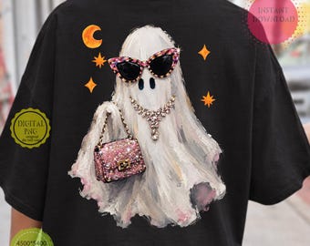 Fantasma glamuroso de Halloween PNG, Fantasma preppy PNG, Diseño de camiseta de fantasma coqueta, Sublimación de fantasma elegante, Halloween moderno PNG