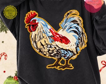 Sztuczny cekinowy kogut PNG, błyszczący wzór kurczaka, grafika ze złotym konturem domu w stylu wiejskim, pobieranie cyfrowe