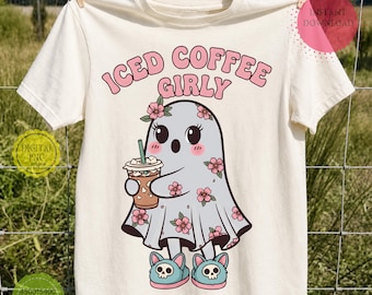 Café fantasma PNG, vaso de café helado de Halloween PNG, diseño femenino para amantes del café fantasma, sublimación de temporada espeluznante, coqueta linda de otoño PNG