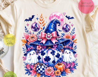 Halloween PNG, Lindo fantasma calabaza PNG, Diseño de sublimación de temporada espeluznante para chicas, Gráfico de camiseta floral de Halloween, Sombrero de bruja rosa PNG