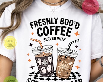 Imágenes PNG de Halloween, imágenes PNG de café recién espeluznante, diseño de latte de fantasma en vaso de café helado, descarga de sublimación para la temporada de Halloween