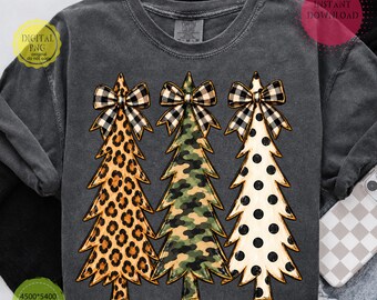 Camo Christmas Trees PNG, Leopard Christmas Tree, Coquette Checkered Bow PNG, Preppy Xmas Sublimation, Christmas Shirt Design