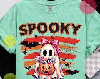 Spooky Ghost PNG, Cute Ghost Holding Candy Pumpkin, Coquette Halloween Shirt Design, Trendy Fall Bat Png, Sublimation Digital Download