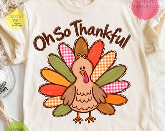 Oh So Thankful Turkey PNG, wzór kratki na Święto Dziękczynienia, jesienny rysunek w stylu preppy, pobieranie cyfrowe