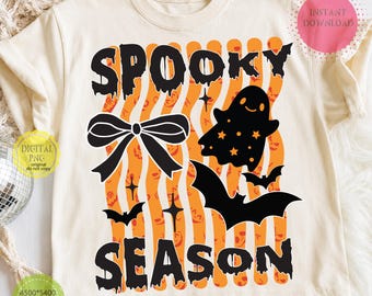 Spooky Season PNG, Striped Halloween Ghost Bat Png, Coquette Bow Ghost Design, Trendy Fall Sublimation Png, Retro Halloween Shirt Design