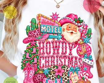 Western Christmas PNG, Retro Santa PNG, Howdy Christmas Design, Pink Cowgirl Santa PNG, Vintage Holiday Sublimation, Christmas Shirt png