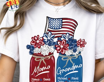 PNG personalizado del 4 de julio, diseño de camiseta de la abuela, mamá y familia estadounidense, sublimación personalizada de tarro Mason patriótico
