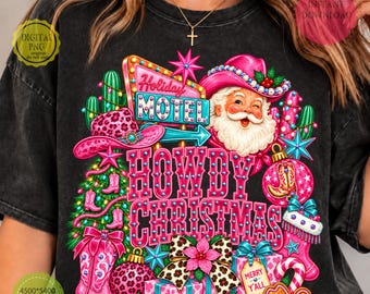 Retro Santa Christmas PNG, Howdy Christmas PNG, Western Cowgirl Santa PNG, Pink Vintage Holiday Sublimation, Christmas Shirt Design
