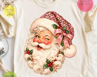 Mikołaj w stylu vintage PNG, Święty Mikołaj w różowym panterze PNG, Retro Boże Narodzenie PNG, Dziewczęca kokietka Mikołaja, Projekt koszulki świątecznej