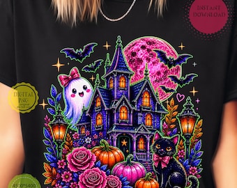 PNG de casa embrujada, lindo fantasma de gato negro para sublimación de Halloween, PNG de mansión embrujada con estampado floral otoñal, diseño de camiseta para la temporada espeluznante