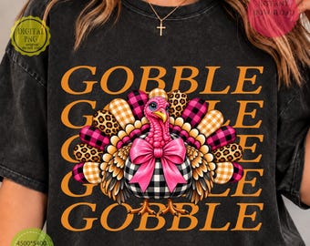 Thanksgiving Turkey PNG, Gobble Gobble PNG, Preppy Leopard Checkered Turkey, Pink Bow Fall Sublimation, Turkey Day Shirt Design