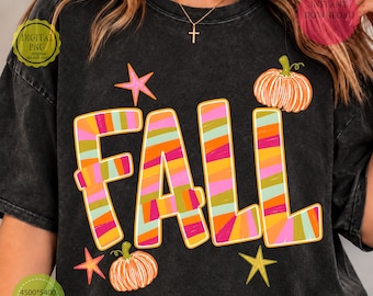 PNG de Outono, Letras Coloridas em Patchwork PNG, Design Retrô de Abóbora para Sublimação no Outono, Estampa para Camiseta Feminina de Ação de Graças, Download Digital