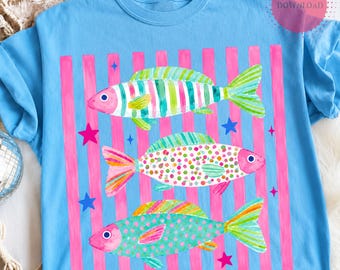 Preppy Fish PNG, Colorful Summer Fish Sublimation, Girly Beach Vacation PNG, Trendy Coastal Digital Download