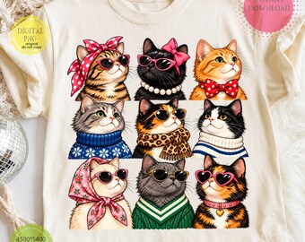 Stylish Cat PNG, Cat Clipart Graphic, Trendy Animal Shirt Design, Preppy Sunglasses Cat Art, Fashion Pet Lover Digital Download