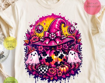 Halloween PNG, Coquette Ghost Pumpkin PNG, Lindo diseño de sublimación de Halloween para chicas, Gráfico para camiseta de temporada espeluznante, Sombrero de bruja rosa PNG