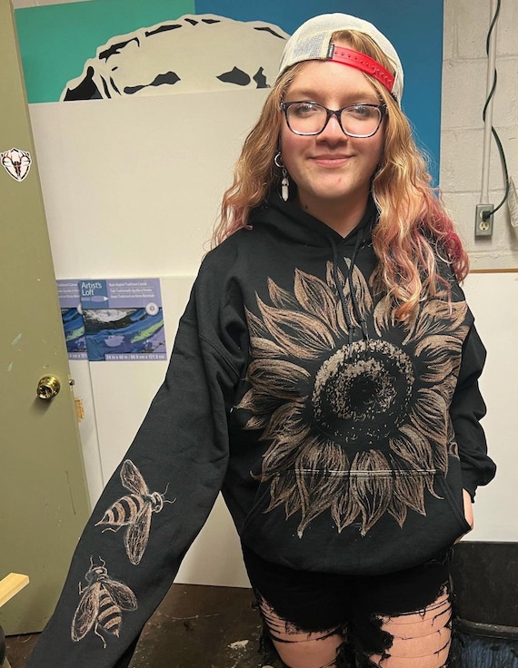MADE TO ORDER Hand Painted Bleach Hoodie Sunflower With Bees 