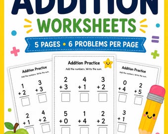 Kindergarten Addition Worksheets | 5 Printable Math Pages | Beginner Addition Practice | Homeschool & Classroom Activity PDF
