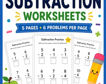 Kindergarten Subtraction Worksheets | 5 Printable Math Pages | Beginner Subtraction Practice | Homeschool & Classroom Activity PDF