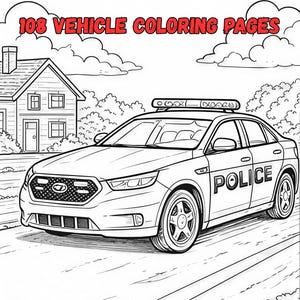 Könnte beinhalten: Schwarz-Weiß-Strichzeichnung eines Polizeiautos mit dem Wort "POLICE" auf der Seite. Das Bild stammt aus einem Malbuch und enthält den Text "108 VEHICLE COLORING PAGES" in Rot oben.