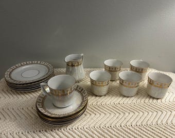 Vintage P.A.L.T. Tjeckoslovakien Lusterware Teservis Guldkant Skimrande Koppar Fat Gräddkanna