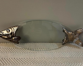 Glass Fish Serving Tray with Silver-Tone Handles | Coastal Beach House Kitchen Decor