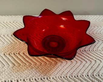 Vintage Ruby Red Glass Bowl | Ruffled Edge Decorative Dish, Centerpiece, Holiday Decor
