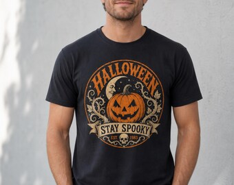 Retro Halloween Stay Spooky Pumpkin Graphic Tee, Jack-o'-Lantern Vintage Badge, Unisex Halloween T-Shirt, Spooky Season Pumpkin Shirt