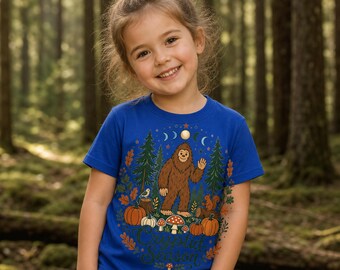 Unisex Kids Bigfoot Pumpkin Tee | Youth T-Shirt, Autumn Forest Design | Sasquatch Shirt