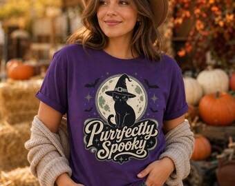 Halloween Black Cat Witch T-Shirt | Spooky Moon Bats Tee