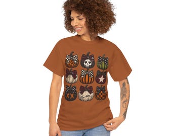 Grunge Pumpkin T-Shirt | Punk Halloween Pumpkin Grid Tee | Gothic Cottagecore Aesthetic | Edgy Autumn Harvest Shirt