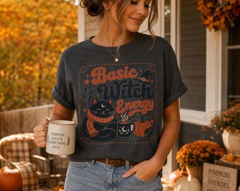 Black Cat Witch T-Shirt | Basic Witch Energy Tee | Halloween Fall Vibes