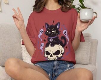 Black Cat Halloween T-shirt | Spooky Witchy Design, Purple Ghosts, Gothic Design