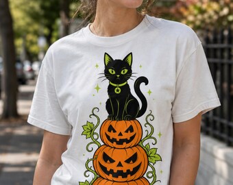 Black Cat Happy Halloween T-Shirt | Pumpkin Tee | Unisex Style