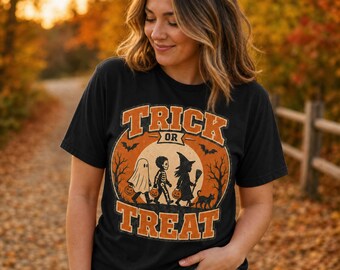 Retro Halloween Trick or Treat Graphic Tee, Vintage Ghost Witch Skeleton Shirt
