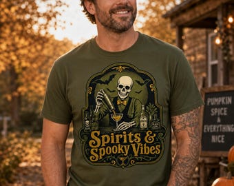 Spirits & Spooky Vibes Tee | Halloween Skeleton Bar Graphic