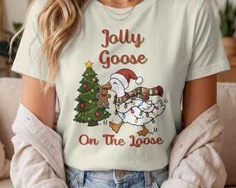 Jolly Goose On The Loose T-Shirt , Christmas Goose Holiday Tee, Silly Goose Christmas Shirt for Women, Gift for Goose Lover