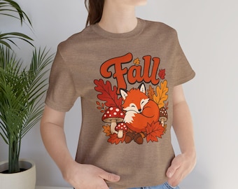 Sleeping Fox Fall Shirt | Autumn Leaves, Mushrooms, Acorns Graphic Tee