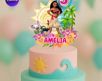 Moana Inspired Birthday Cake Topper, Tropical Hawaiian Party Decor (Editable Canva Template)