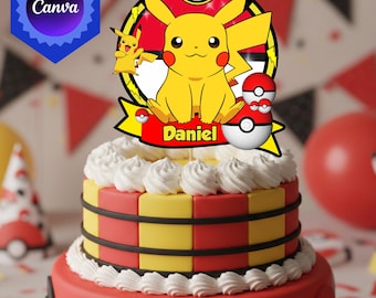 Editable Pikachu Cake Topper, Kids Birthday Party Decor, Custom Name Age (Digital Download)