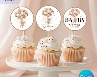 Teddy Bear Baby Shower Cupcake Toppers, Editable Balloon Design (Digital Download)