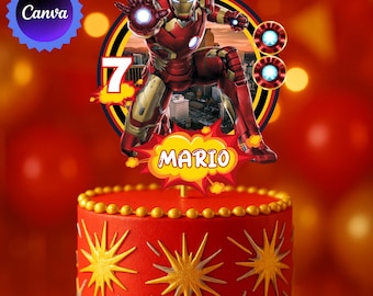 Editable Superhero Cake Topper, Red Gold Birthday Decor, Custom Name Age (Canva Template)