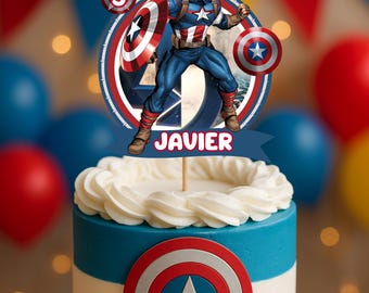 Editable Captain Hero Cake Topper Template Canva, Personalized Birthday Party Decoration, Superhero Party Cake Decor