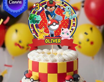 Pokemon Birthday Cake Topper Editable Template, Personalized Party Decoration, Printable  Canva Instant Download Kit